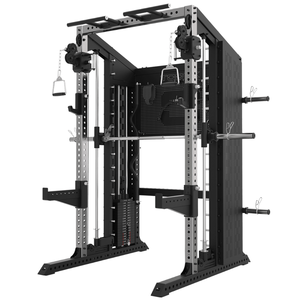 ASX-8000 ASX8000 “all in one” station positioned at the top of the Toorx range, suitable for particularly heavy-duty use in full commercial, ASX 8000 encompasses in a single station the functions of three separate machines, namely: a) Dual Pulley (equipped with 2 weight packs of 90 kg. each) b) Smith machine c) Rack functional equipped with barbell supports, safety supports and truss for the tractions In addition to being equipped with numerous accessories as standard, this exclusive all-in-one can be equipped with numerous extremely interesting optional attachments, among which it is worth mentioning those that allow the functions of lat machine and pulley, with special dual function bench, guaranteeing unparalleled completeness of use, together with unparalleled space saving and flexibility.