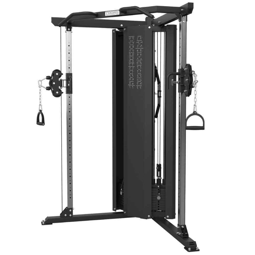 CSX-2500 CSX-2500 dual pulley of great construction quality, which is distinguished by its selectable ratio, 1:1 or 1:2, as well as the possibility of being positioned at an angle between two walls, an ideal location for all training environments in which space is a precious resource. CSX 2500 is equipped with two steel weight packs of 60 kg. each, extendable to 90 kg. with the practical optional 2 x 30 kg. kit, without the need to change either the cables or the selector pin. Translated with DeepL.com (free version) PULLEYS SYSTEM with HIGH PERFORMANCE ball bearings. Woven cables system ø 4.8 mm - PU coated  MAX USER WEIGHT 135 Kg  STEEL WEIGHT STACK Steel 2 x 60 kg. weight stack available  2 x 30 kg OPTIONAL 